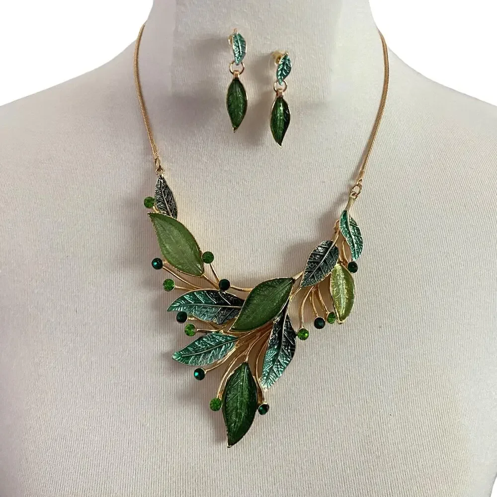 Enamel Leaf Bib Necklace & Earrings Set Green Rhinestone Gold Tone Cottagecore